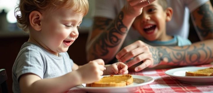 Im Vordergrund sitzt ein Junge an einem Tisch vor seinem Erdnussbutterbrit, im Huintergrund sitzt ein weiterer Junge aus dem Schoß eines Erwachsenen, ebenfalls einen Teller mit Brot vor sich.