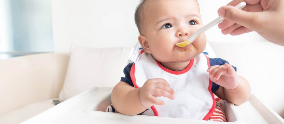 Ein im Hochstuhl sitzendes Baby bekommt Brei auf einem Löffel und schaut die fütternde Person dabei direkt an.