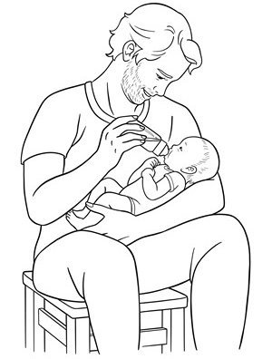 Mann hält Baby im Arm, schaut es an und füttert es mit der Flasche
