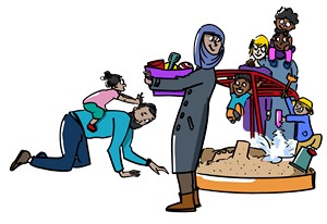 Illustration zeigt zwei Familien auf einem Spielplatz