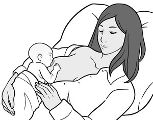 Illustration einer Frau in der zurückgelehnten Stillhaltung mit Baby an der Brust